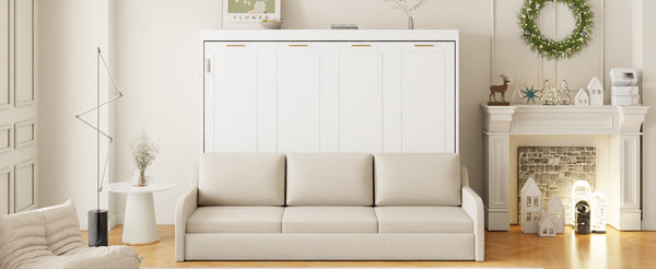 English Elm Full Size Murphy Cabinet Bed With Sofa, Built-In Storage & Led Lights - Stylish Space Saver In Beige N7090000602A