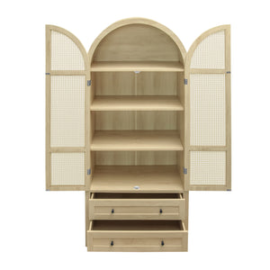 English Elm 70.28" Tall Arched Kitchen Pantry - Elegant Storage Cabinet With Adjustable Shelves & Rattan Door Design W688P204449
