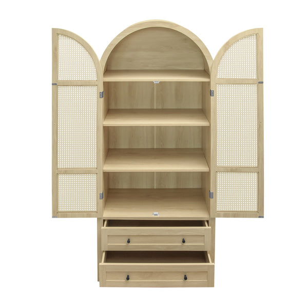 English Elm 70.28" Tall Arched Kitchen Pantry - Elegant Storage Cabinet With Adjustable Shelves & Rattan Door Design W688P204449