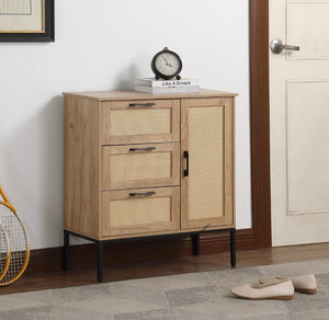 English Elm Mid Mid - Century Style Storage Cabinet with Rattan Doors, 3 Drawers, Adjustable Shelves, Natural Finish W3151P288918