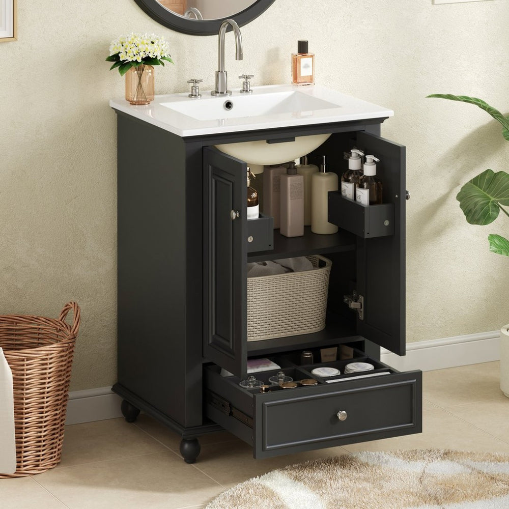 English Elm 24'' French Style Bathroom Vanity with Ceramic Sink Soft Close Cabinet and Drawer Black N710P411227B