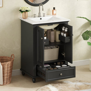English Elm 24'' French Style Bathroom Vanity with Ceramic Sink Soft Close Cabinet and Drawer Black N710P411227B