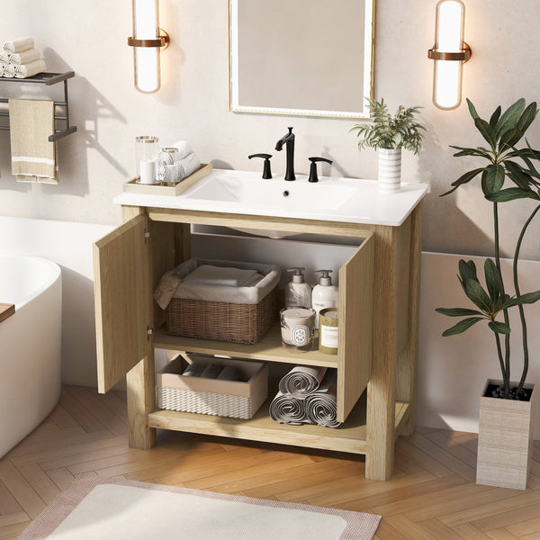 English Elm Christopher Knight Home® - 36" Modern Wall-Mounted Bathroom Vanity with Ceramic Sink, Soft-Close Doors, Fluted Accent & Open Shelves Antique Natural N817P245321N