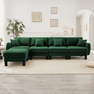 English Elm Boucle Fabric Convertible L-Shaped Sectional Sofa For 4 With Shell Armrests & Removable Ottoman, Green W3041S00312