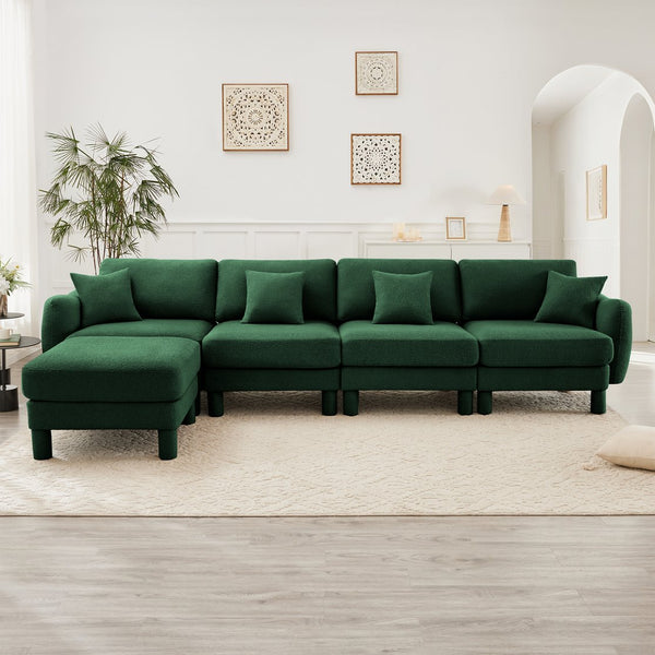English Elm Boucle Fabric Convertible L-Shaped Sectional Sofa For 4 With Shell Armrests & Removable Ottoman, Green W3041S00312