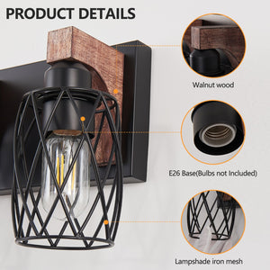 English Elm Industrial Vintage 7-Light Wall Sconce Black Cage with Walnut Wood Accents Hardwired E26 Fixture Ideal for Bathroom Hallway Vanity Lighting W2312P374841