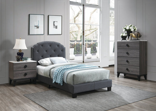 English Elm Light Gray Burlap Upholstered Twin Bed with Button Tufted Headboard and Nailhead Trim Charcoal B011P415174