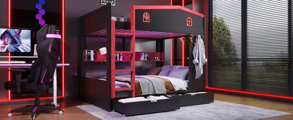 English Elm Twin Xl Solid Pine Loft Bed with Built-in Led Lighting and Storage Shelves W1580S00391