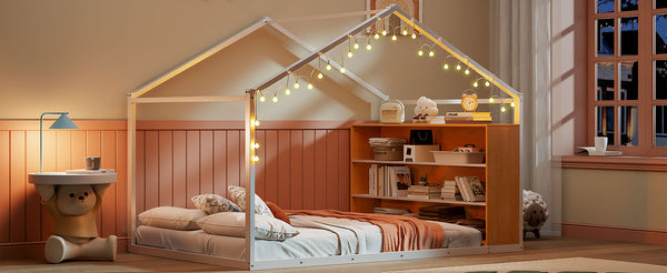 English Elm Full House Bed Frame with Shelves & LED Lights — Metal + Wood Full-Size Playhouse Bed for Kids Room Decor White N737P176706K