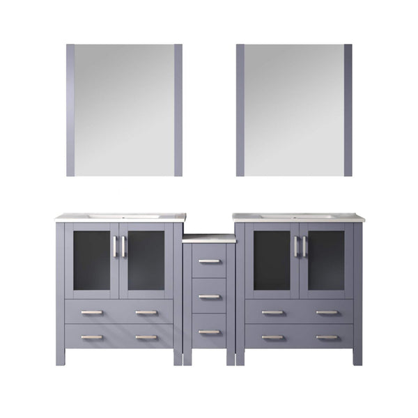 English Elm Dark Grey Double Bath Vanity 72" W With White Ceramic Top, Side Cabinets & 28" Mirrors For Elegance B2731S00596