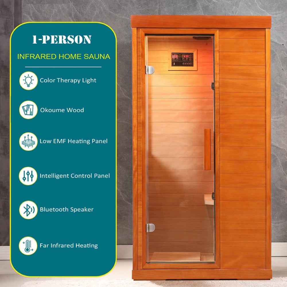 English Elm Infrared Dry Sauna with Okoume Wood Chromotherapy Lighting and Carbon Fiber Heat Panels W3973S00006