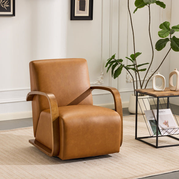 English Elm single-person ergonomic swivel leisure sofa chair in antique brown faux leather with casters and lumbar support W3248P354244