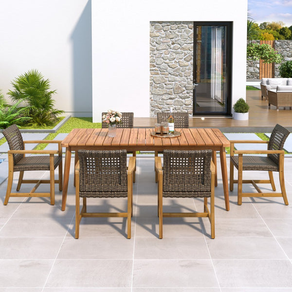 English Elm Christopher Knight Home® - 7-Piece Acacia Wood Outdoor Dining Set with 72" Slatted Table & 6 Cushioned Chairs, Durable Patio Entertaining Ready Mocha,Teak N779P266069N_60400.00MCA-3
