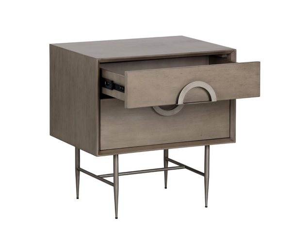 Sunpan EMERY Nightstand - Handcrafted Antique Silver Accents with Ash Grey Finish & Soft-Closing Drawers 104099