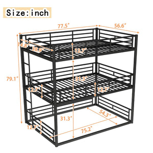 English Elm Twin Triple Metal Bunk Bed Matte Powder Coated Frame with Full Safety Guardrails Black W1580S00580