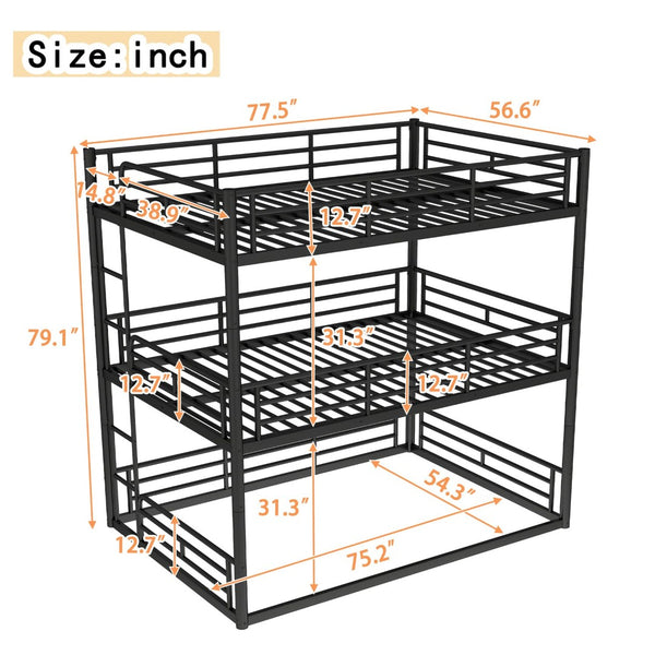 English Elm Twin Triple Metal Bunk Bed Matte Powder Coated Frame with Full Safety Guardrails Black W1580S00580