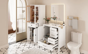 English Elm 67.57" Tall Matte Cabinet Vanity Combo with Glass Doors Soft-close Drawers Sink White N729P000033K