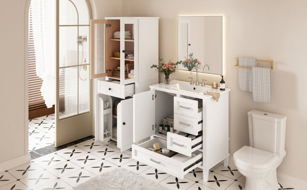 English Elm 67.57" Tall Matte Cabinet Vanity Combo with Glass Doors Soft-close Drawers Sink White N729P000033K