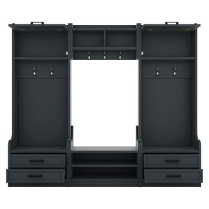 English Elm 4-in-1 Hall Tree with Bench, 7 Hooks, 2 Cabinets & 4 Drawers for Entryway Storage and Seating Antique Blue W1580S00091