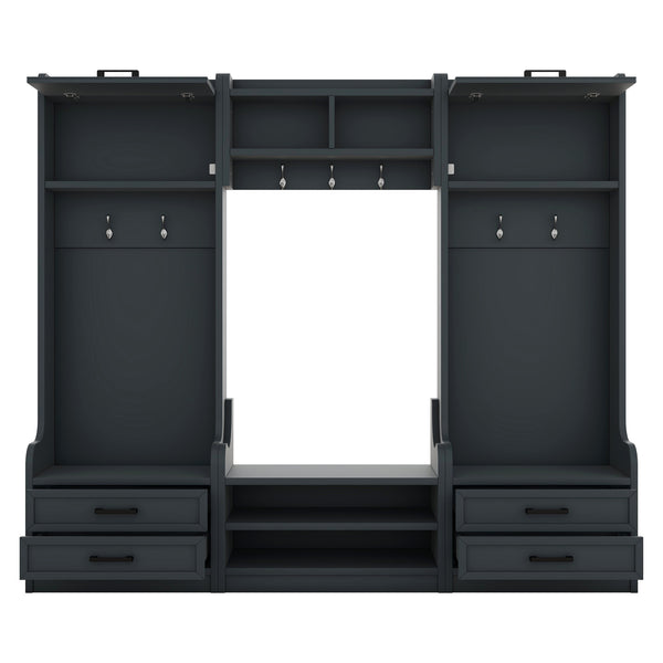 English Elm 4-in-1 Hall Tree with Bench, 7 Hooks, 2 Cabinets & 4 Drawers for Entryway Storage and Seating Antique Blue W1580S00091