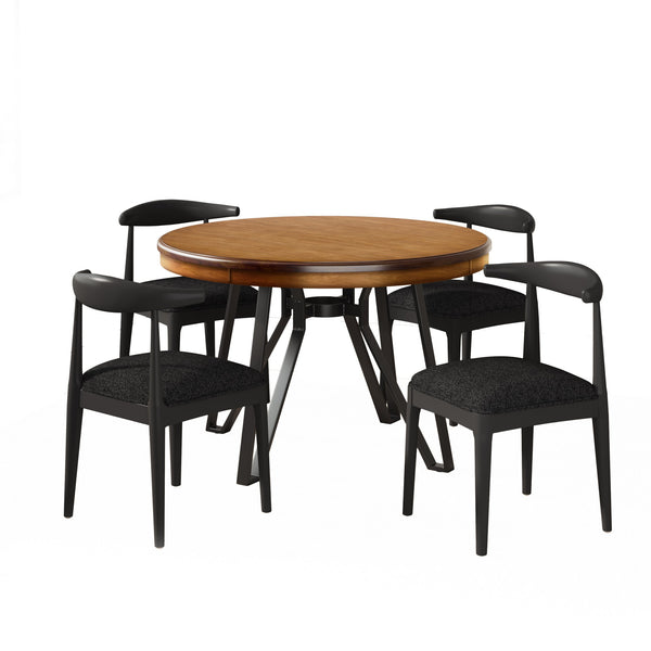 English Elm Christopher Knight Home® - 5PCS Mid-Century Dining Set Ash Brown & Black – 46.85" Round Table w/ Hairpin Legs, 4 Upholstered Chairs N771P266173H_N771P205332A