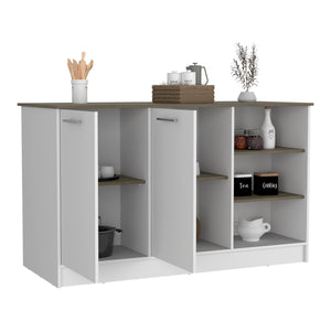 English Elm Ginger Kitchen Island with Three Open Shelves, Two Cabinets, 26" x 59" Prep Top, 33" Clearance B200S00123