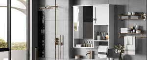 English Elm 29'' Modern Wall Mounted Medicine Cabinet with Mirror, Spacious Adjustable Shelves, Towel Bar and Durable MDF Finish White N710P209440K