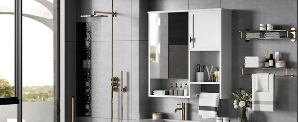 English Elm 29'' Modern Wall Mounted Medicine Cabinet with Mirror, Spacious Adjustable Shelves, Towel Bar and Durable MDF Finish White N710P209440K