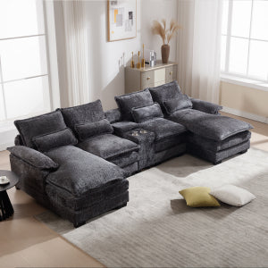 English Elm Modern U-Shaped Sectional Sofa With Usb Ports, Cup Holders & Storage - 6-Seat Gray Chenille Comfort W2100S00168