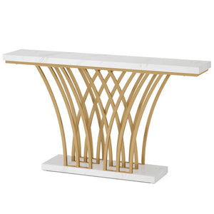 English Elm Luxury Faux Marble Console Table with Gold Geometric Base for Hallway or Entryway T3971P457837