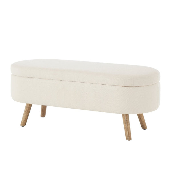 English Elm Luxury Boucle Oval Ottoman Bench with Hidden Storage Rubberwood Legs Entryway Seat Ivory W2186P430717