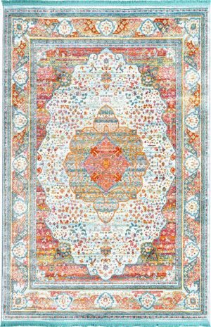 Unique Loom Baracoa Malecon Machine Made Border Rug Light Blue, Orange/Turquoise/Pink/Ivory 6' 1" x 9' 0"