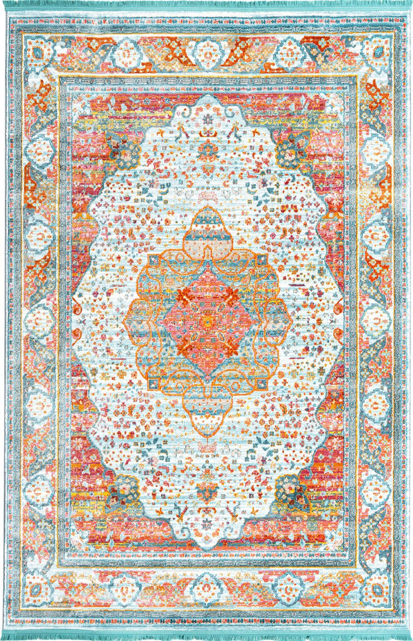 Unique Loom Baracoa Malecon Machine Made Border Rug Light Blue, Orange/Turquoise/Pink/Ivory 6' 1" x 9' 0"