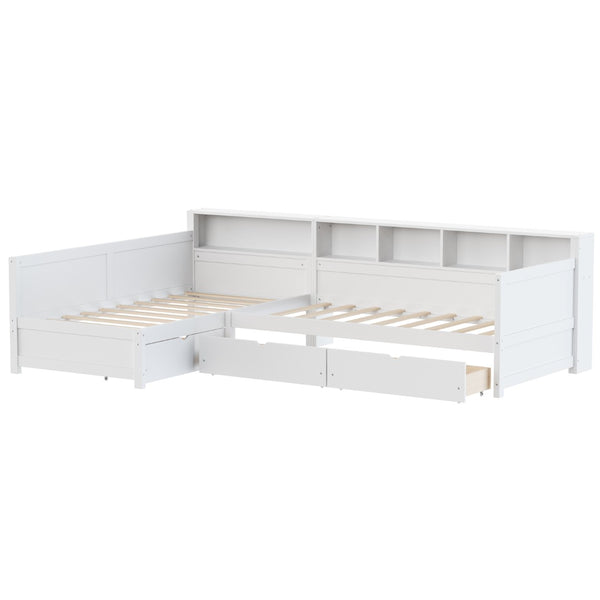 English Elm Twin Corner Daybed with Storage Drawers Bookshelf Wood L-shape Frame for Small Rooms White N733S369272K