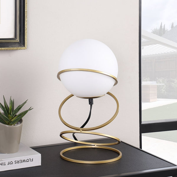 English Elm 13.5" Matte Gold Spiral 4-Ring Glass Globe Table Lamp — White Shade, Warm LED Glow for Bedroom Nightstand (94) B072P220159