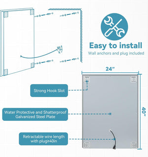 English Elm Bright LED Bathroom Mirror 40"x24" Silver Frame, 3-Color Dimmable, Quick 5-Min Defog, IP65 Rated T3177P284016