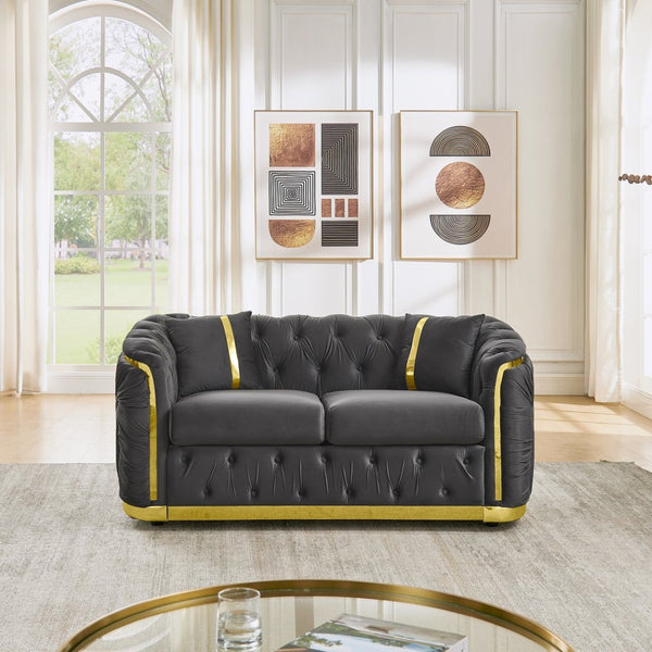 English Elm 62.6 Inch Chesterfield Velvet Loveseat with Gold Steel Trim Button Tufted Luxury Seating Gray W1191S00091