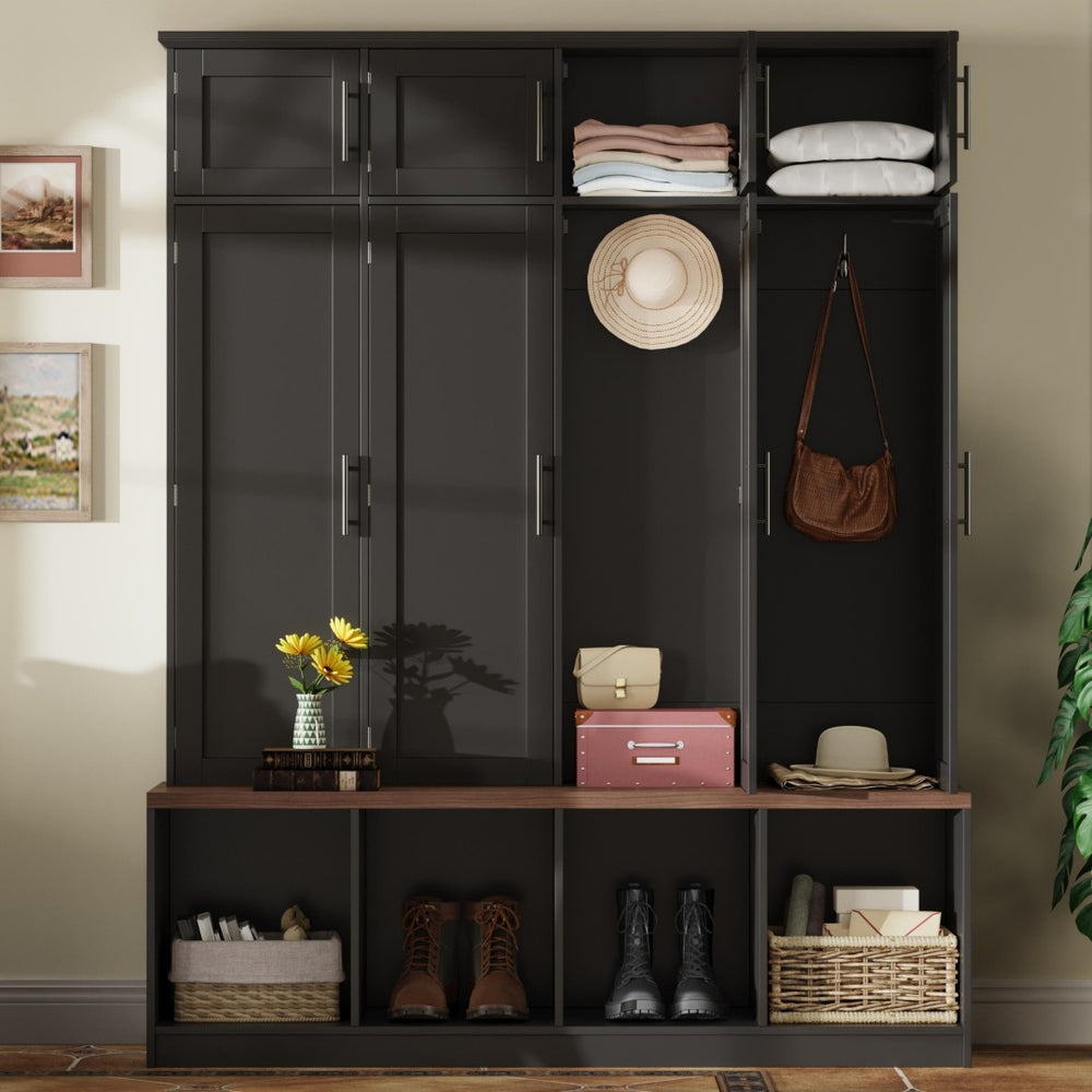 English Elm Farmhouse Hall Tree with Triple Arch Back Panel Eight Hooks Drawers and Entryway Bench Black N721S000059B-1