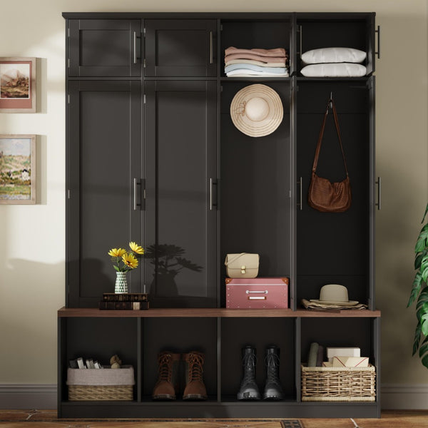 English Elm Farmhouse Hall Tree with Triple Arch Back Panel Eight Hooks Drawers and Entryway Bench Black N721S000059B-1