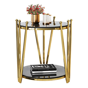 English Elm 19.69inch Gold Round Coffee Table with Crown Frame, 8mm Tempered Glass, Stainless Steel Base, Chic Storage Black W1550P171469