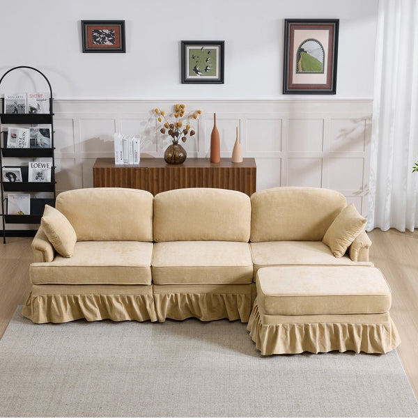 English Elm 103.15'' Chenille L-shaped Sectional Sofa with Detachable Pleated Skirt and Ottoman Khaki W3612S00045