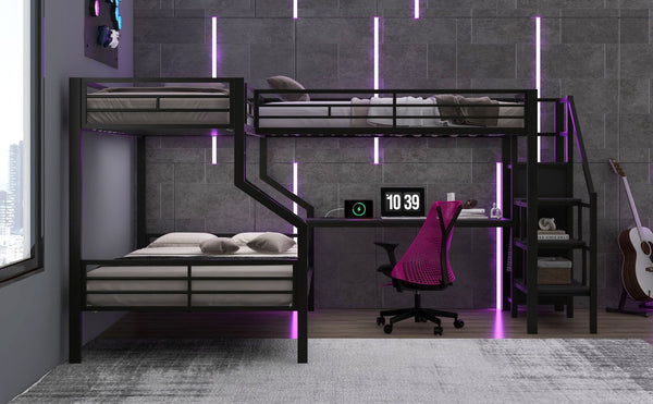 English Elm Twin Over Full L-shaped Bunk Bed with Wardrobe Desk and Usb Charging Ports N7500004100B