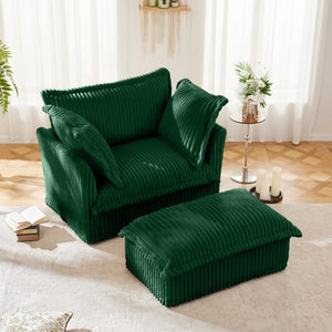English Elm Upholstered Slipcovered Armchair Set With Wide Ottoman, Deep Cushions In Green Corduroy Fabric W3041S00077-GIGA