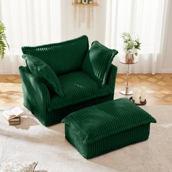 English Elm Upholstered Slipcovered Armchair Set With Wide Ottoman, Deep Cushions In Green Corduroy Fabric W3041S00077-GIGA