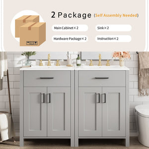 English Elm Modern 48 Inch Freestanding Bathroom Vanity Dual Ceramic Sinks Soft Close Gold Handles Grey N729P000008E