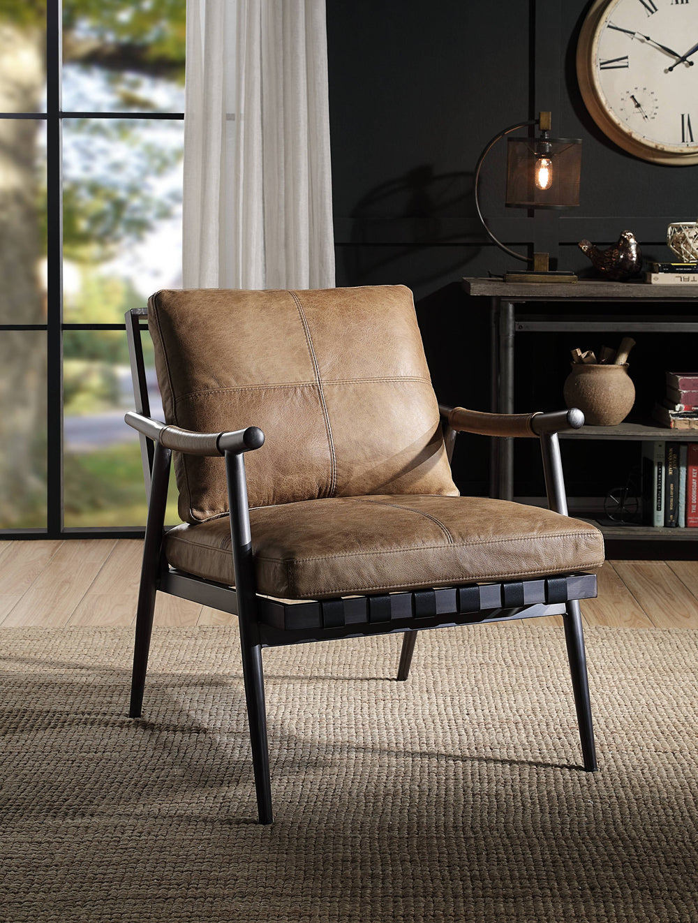 English Elm Berham Chestnut Top Grain Leather Accent Chair with Full Foam Seat, Removable Cushion, Matt Iron Frame — Luxurious Comfort & Durable Design B062P209142