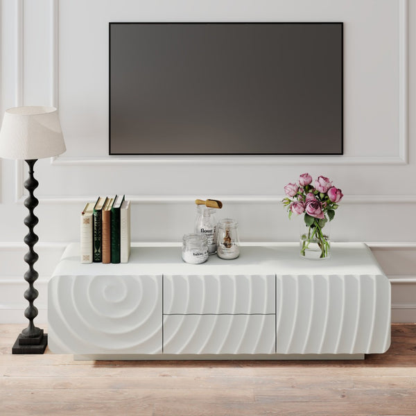 English Elm 58''tv Console Sculpted Spiral Wave Relief Walnut Mid-century Media Stand with Storage White W2263P412377