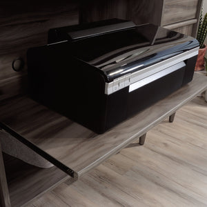 English Elm Credenza, Dark Gray finish – Spacious 65.25" storage buffet with adjustable shelves, cord management, drawers, versatile placement B356P367838