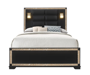 English Elm LIVELY Solid Wood Bed with Padded Headboard and Built-In Lamps, Low Profile Frame & Glitter Accents BLACK/GOLD QUEEN B201S00214