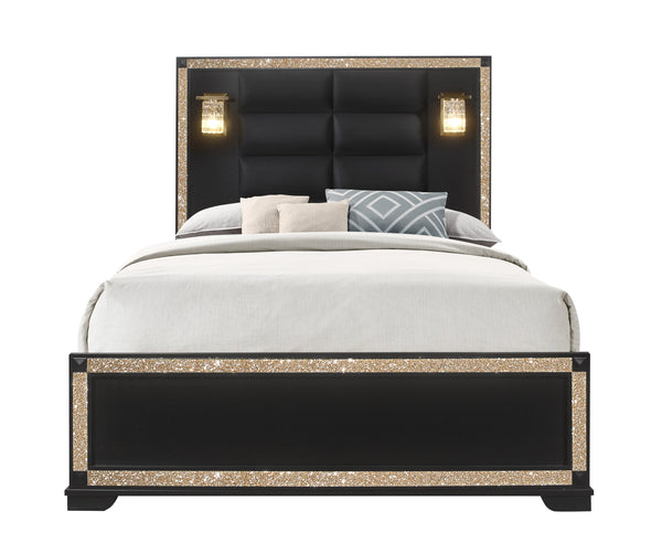 English Elm LIVELY Solid Wood Bed with Padded Headboard and Built-In Lamps, Low Profile Frame & Glitter Accents BLACK/GOLD QUEEN B201S00214
